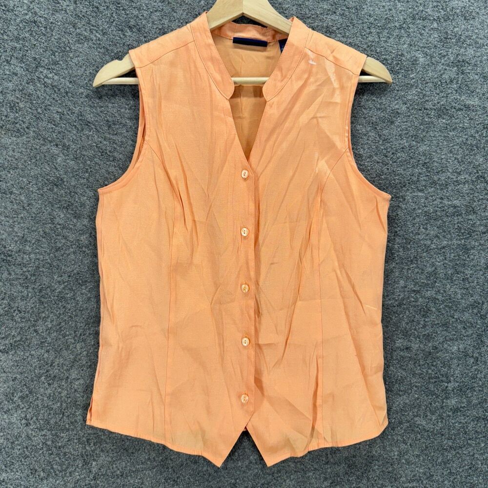 Karen Scott Shirt Women M Medium Orange Button Up V-Neck Sleeveless Wide Strap